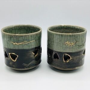 Vtg Set of 2 Otagiri Japan Large Tea Cups Heart Crackle Glaze Double W…